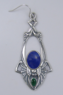 Sterling Silver Dramatic Art Deco Drop Dangle Earrings With Lapis Lazuli And Fluorite